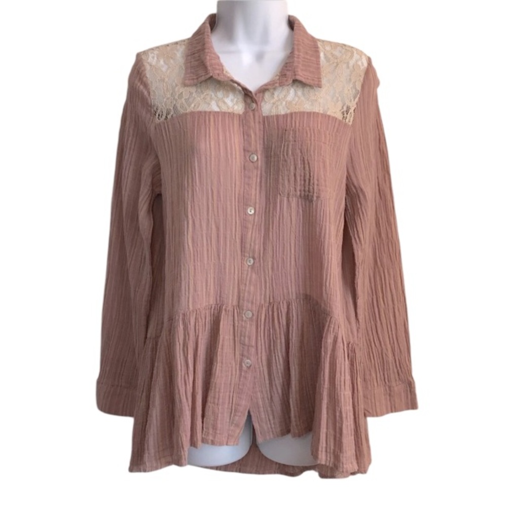 🔴 4/$15 ODDY Women’s S Boutique mauve & ivory lace western button down shirt EUC